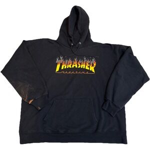 Thrasher Magazine Skateboarding Pullover Hoodie Sweatshirt Mens L Black Bleached